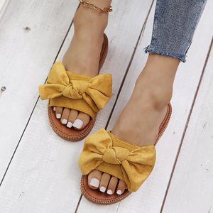 Gold Bow Sandals - Slides - Flats